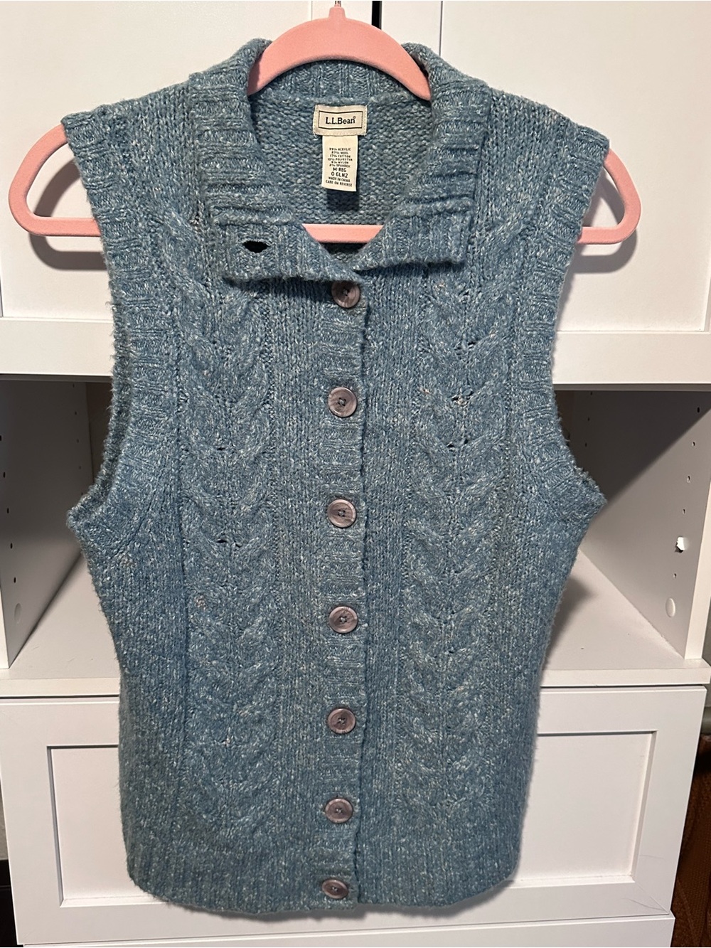 L.L.Bean Blue Cable Knit Wool Blend Button Sweater Vest Size M
